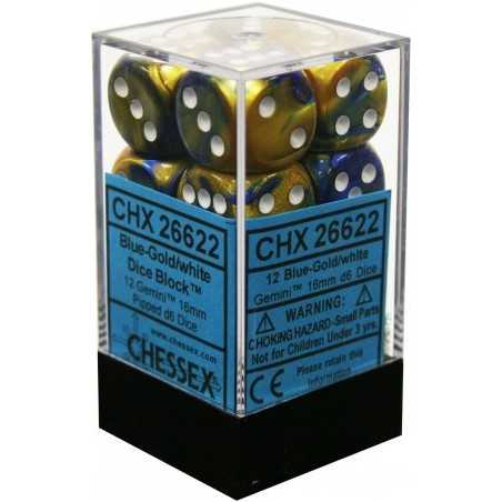 SET DE 12 DADOS D6 16MM GEMINI AZUL DORADO C/BLANCO