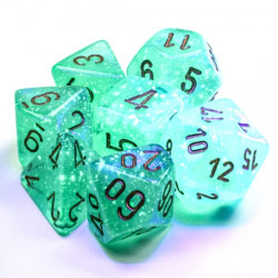 SET DE 7 DADOS BOREALIS VERDE LUMINOSO C/DORADO