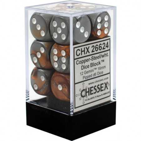SET DE 12 DADOS D6 16MM GEMINI COBRE-ACERO C/BLANCO
